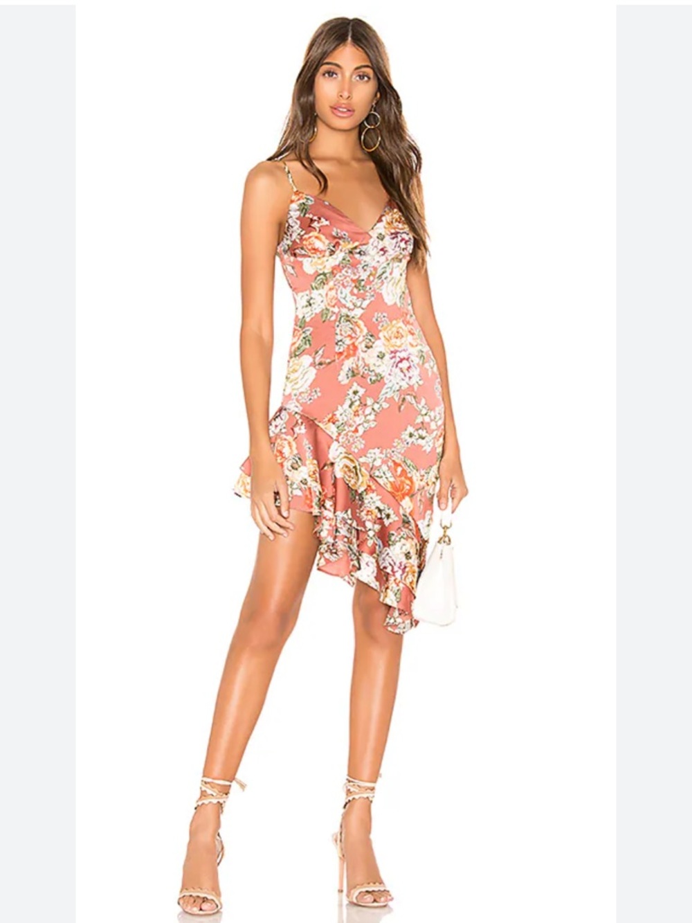 SUPERDOWN, XS, floral mini asymmetrical  summer satin slip dress w ruffes